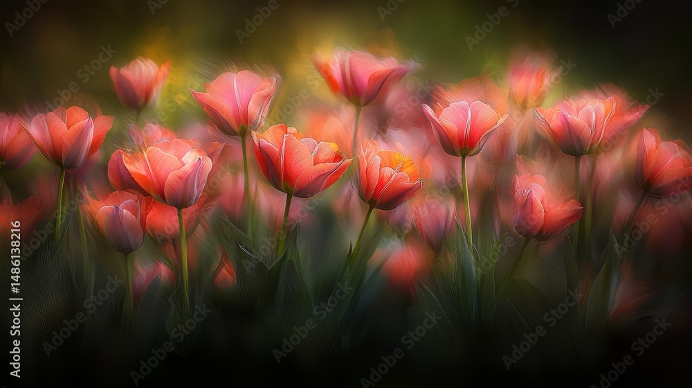 Aufkleber Field of red flowers with a blurry background. The flowers are in full bloom and are arranged in a way that creates a sense of depth and movement