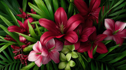 Fototapeta premium Deep red lily flowers with pale pink blossoms are artfully arranged amidst lush green palm fronds against a dark backdrop, radiating exotic botanical beauty.