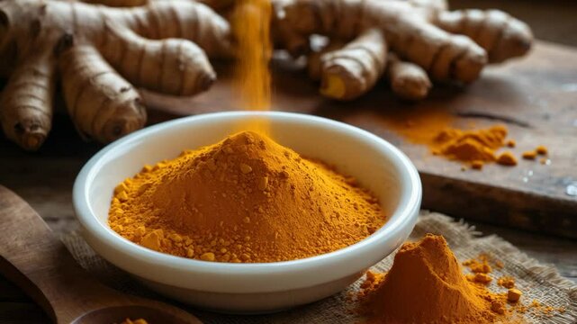 Turmeric alongside powder on a surface.