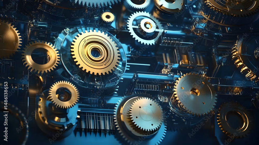 Poster mechanisms of cogs and gear wheels. digital technology and engineering. abstract technical backgroun
