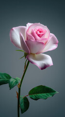 Fototapeta premium A beautiful pink rose with delicate white edges stands elegantly against a smooth gray background, its petals softly illuminated by gentle light showcasing detail.