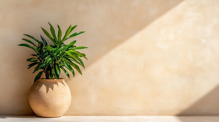 Potted plant sits against a textured beige wall with sunlight streaming diagonally across the surface.