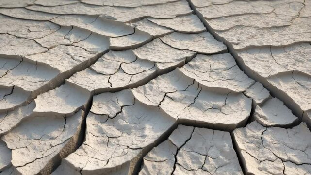 Close-up of dry, cracked ground with white backdrop. Gray fissure patterns on texture. Erosion effects.