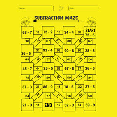Subtraction maze puzzle worksheet for children
