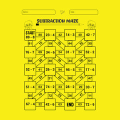 Subtraction maze puzzle worksheet for children