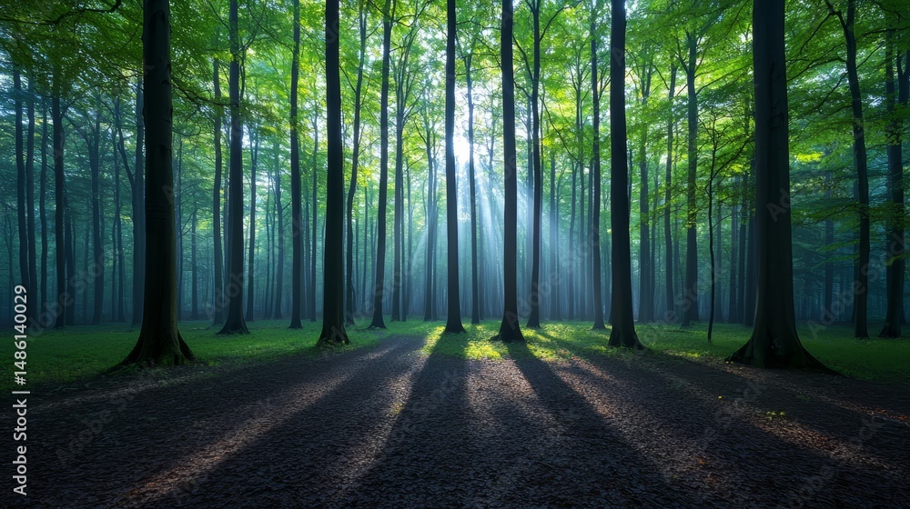 Poster serene and peaceful forest scene with sunlight shining through the leaves of the trees. the forest i