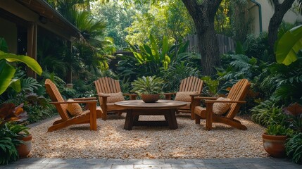 Obraz premium Tranquil garden courtyard with wooden furniture