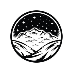 Mountain Landscape in Circle with Starry Night, Black and White Style