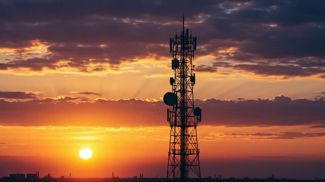 Telecom tower cell communication construction at sunset, perfect for illustrating wireless technology, mobile network infrastructure, signal coverage, and telecommunications industry visuals.