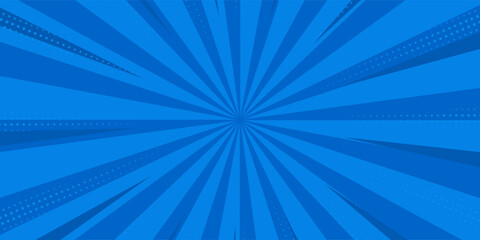 Pop art comic blue background with halftone, rays, gradient. Vector cartoon illustration in retro style. Design for comic book, poster, banner