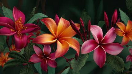 A vibrant collection of crimson, pink, and golden frangipani flowers bloom amidst deep green foliage, creating a lush and colorful tropical floral arrangement.