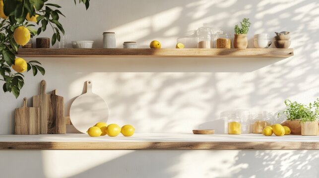 Fototapeta Sunlit kitchen counter with lemons, wooden shelves, and plants.