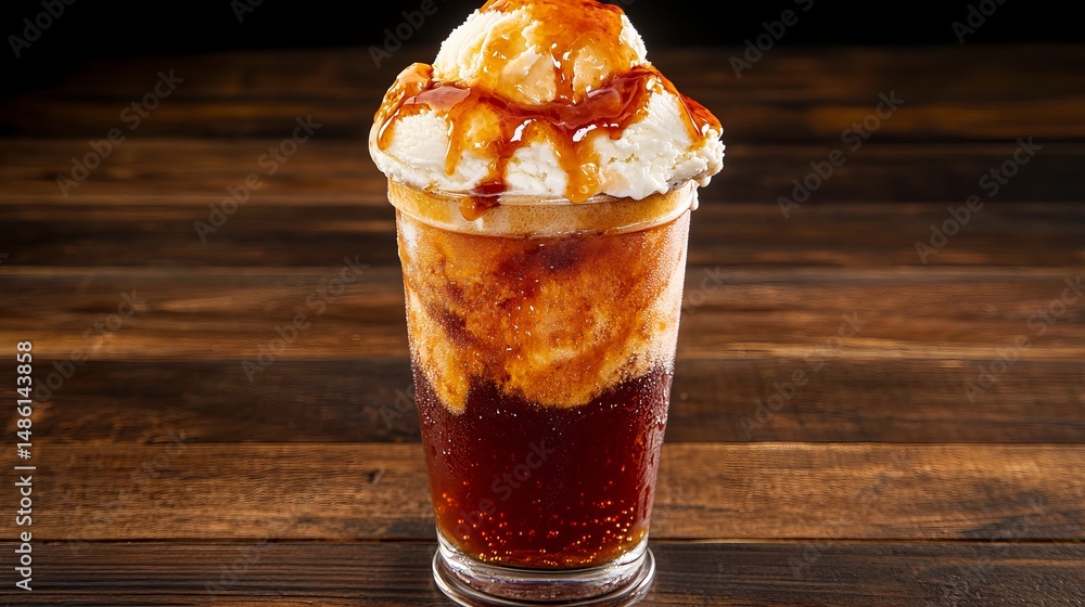 Poster root beer float sits on a wooden table with vanilla ice cream and caramel sauce creating a delicious