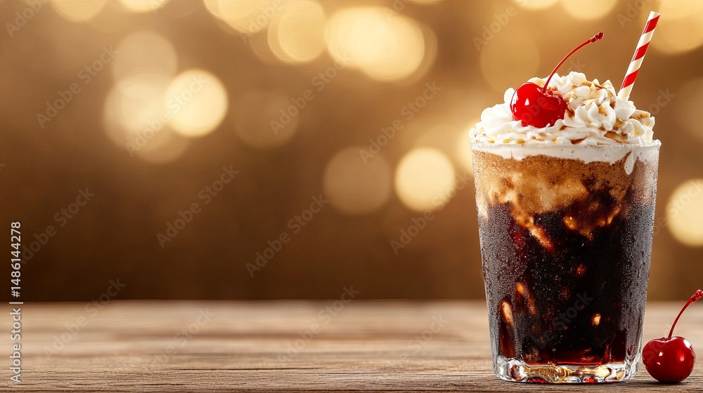 Poster root beer float with cherry and whipped cream sits on a wooden table in front of bokeh lights.