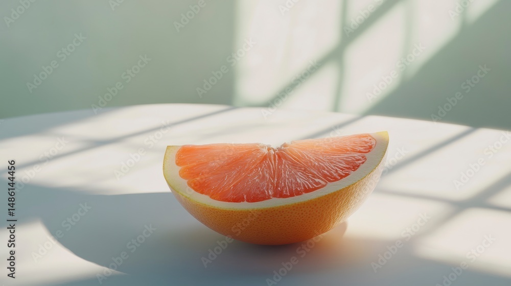 Poster a juicy grapefruit slice sits on a white surface, bathed in sunlight streaming through a window.