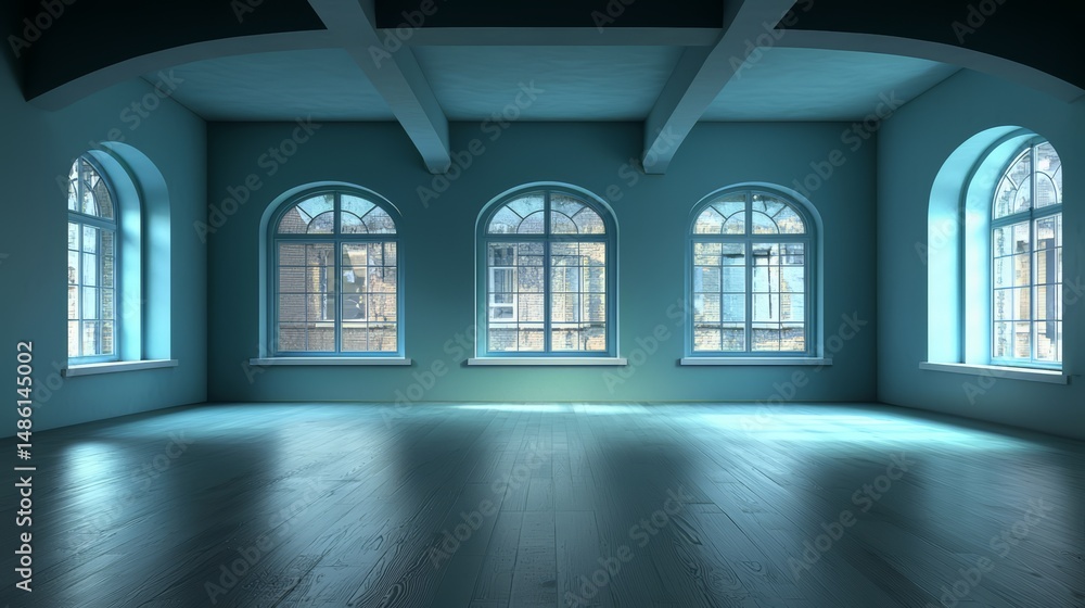 Poster large room with a blue wall and three windows. the windows are arched and the room is empty