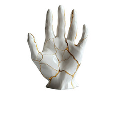 Cracked Ceramic Hand Adorned with Golden Veins on a Deep Black Backdrop