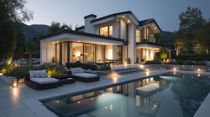 Fototapeta premium Modern luxury home with pool at twilight (2)