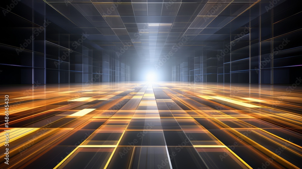 Poster large, empty room with a bright light shining down on it. the room is filled with a lot of squares a