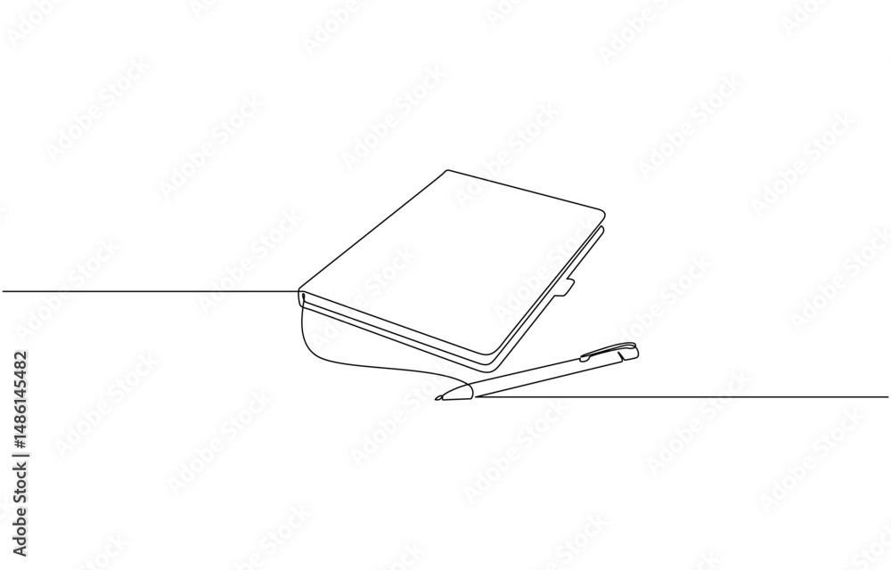 Poster opened book and pen in one continuous line drawing, single continuous line drawing of notebook or no