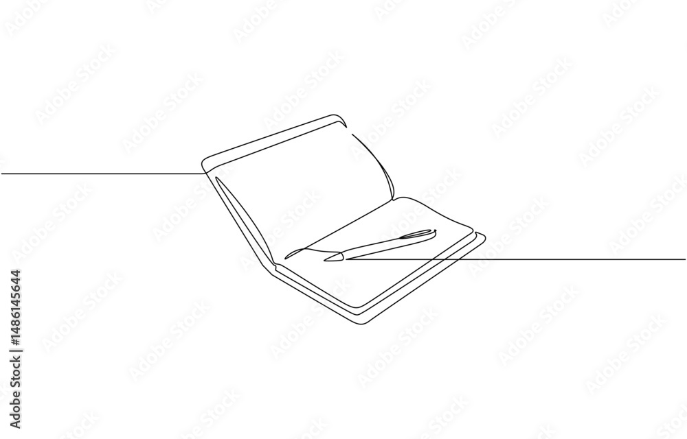 Poster opened book and pen in one continuous line drawing, single continuous line drawing of notebook or no