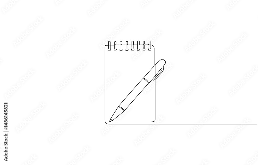 Poster opened book and pen in one continuous line drawing, single continuous line drawing of notebook or no