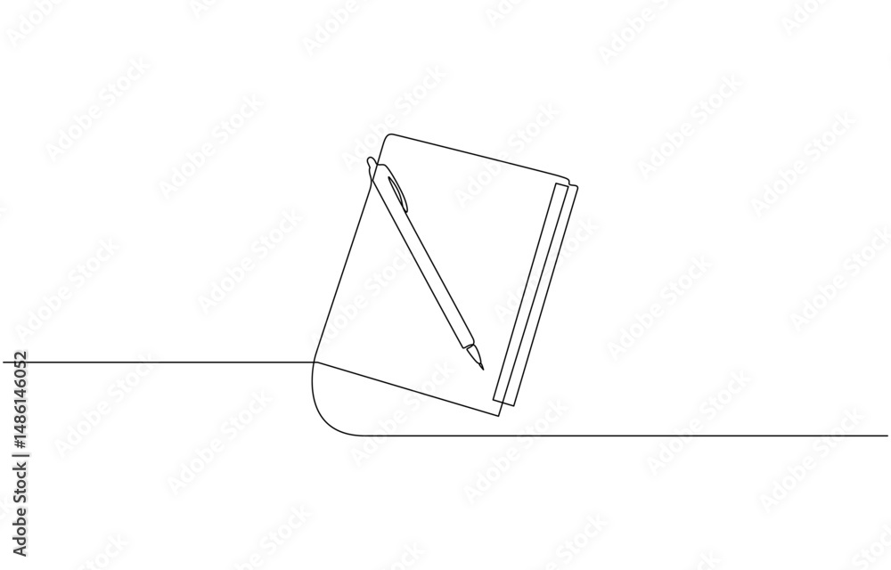 Poster opened book and pen in one continuous line drawing, single continuous line drawing of notebook or no