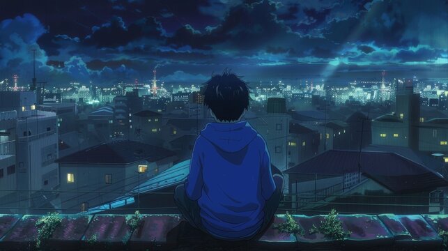 A lone, barefoot person in a hoodie sits contemplatively on a high-rise city ledge at night, overlooking a vast, detailed metropolis. Introspective urban solitude art.