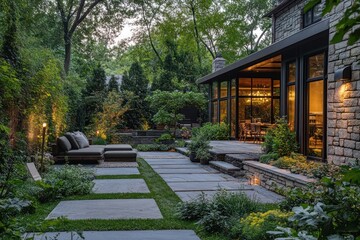 Obraz premium Modern outdoor living space, patio, and landscaping
