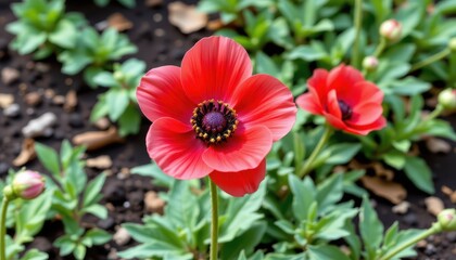 the photo captures a vibrant garden scene with red flowers in full bloom against a backdrop of green foliage