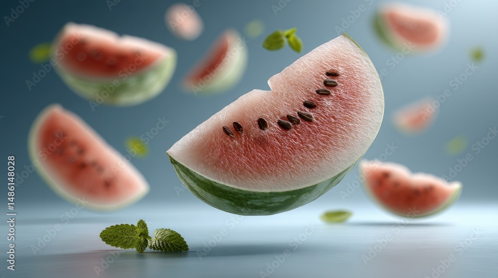 Poster falling watermelon slices captured in high-resolution 3d rendering with vibrant colors, soft shadows