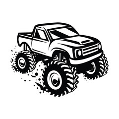 Bold Black & White Monster Truck with Oversized Tires & Mud Splatters