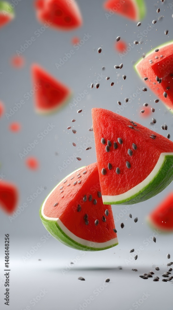 Poster falling watermelon slices captured in high-resolution 3d rendering with vibrant colors, soft shadows