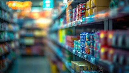 Fototapeta premium Well-stocked supermarket aisle with various food products
