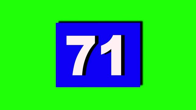 Number 71 symbol sign animation motion graphics cartoon in blue box rectangle on green screen background,the number dropped down ,for video number for video elements.