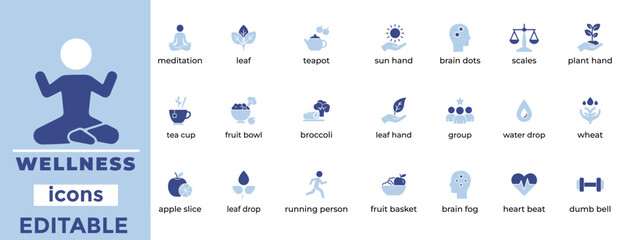 Editable wellness vector icons ideal for health, spa, and lifestyle apps with clean lines, modern style, and calming design

