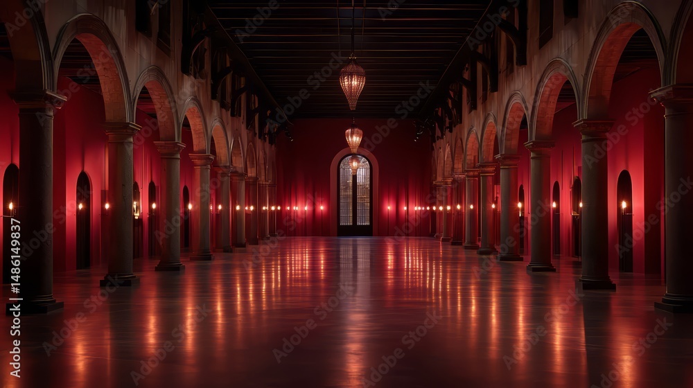 Fototapete Long red hallway with a large archway in the middle. The archway is lit up with lights and the hallway is empty