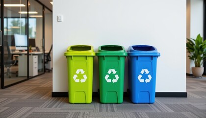 three recycling bins lined up in an office space, one of which has a green lid, while the other two have blue lids