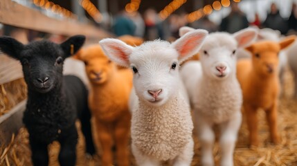 Obraz premium Cute Young Lambs in Farmyard Setting with Soft Focus and Warm Ambient Lighting