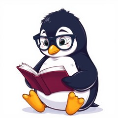 Obraz premium 2D character penguin student in glasses sitting and reading a book, white background
