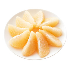 Close-up of peeled grapefruit segments, neatly arranged on a white plate. isolated on white background