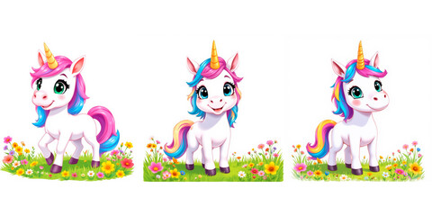 Happy unicorn on a meadow with wildflowers, in three different variations, white background