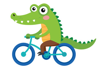 Cheerful cartoon alligator smiles widely while riding a cute blue bicycle across a white background
