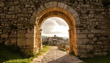 Fototapeta premium Antiguo arco de piedra que conduce a una ciudad en la cima de una colina