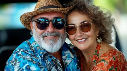 Obraz premium Smiling elderly couple poses closely together wearing sunglasses and floral shirts, with the man also wearing a straw hat.
