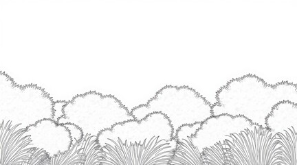 Sketchy landscape border of fluffy bushes and grass