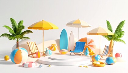 3D Summer Background Minimalist Beach Scene with Empty Platform for Product Display