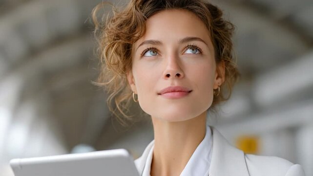 Visionary Leader:  A confident young woman with a determined gaze and a thoughtful expression holds a tablet device in her hand.