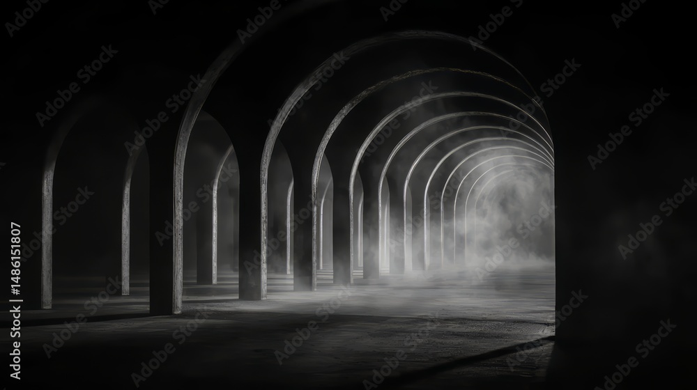 Poster long, dark tunnel with a foggy mist. the tunnel is empty and the only light is coming from the fog
