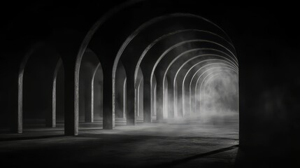 Obraz premium Long, dark tunnel with a foggy mist. The tunnel is empty and the only light is coming from the fog
